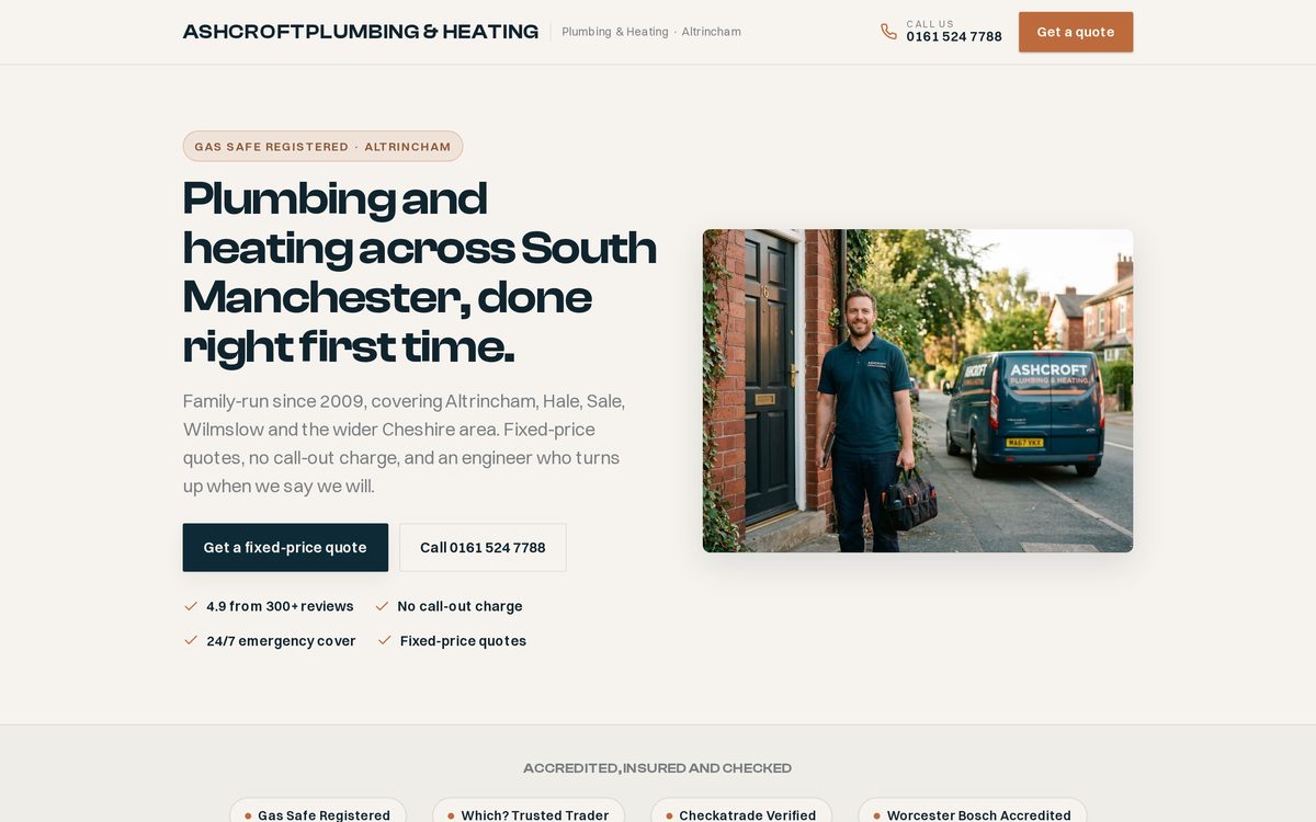 The Ashcroft Plumbing & Heating concept site: a navy and copper hero with an engineer beside a branded van, accreditation badges and a get-a-quote button.