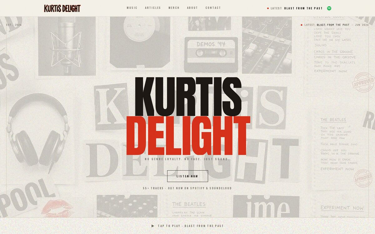 The Kurtis Delight homepage: a torn-paper zine collage with the masthead in red, a latest-track sidebar and a play bar along the bottom.